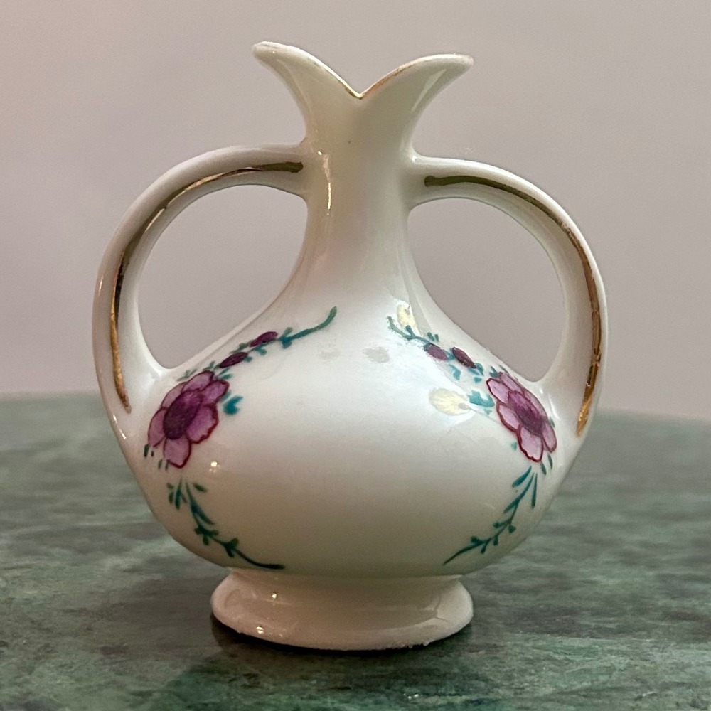 Vtg Occupied Japan Mini Bud Vase Double Handled Floral Gold Gilt Purple White